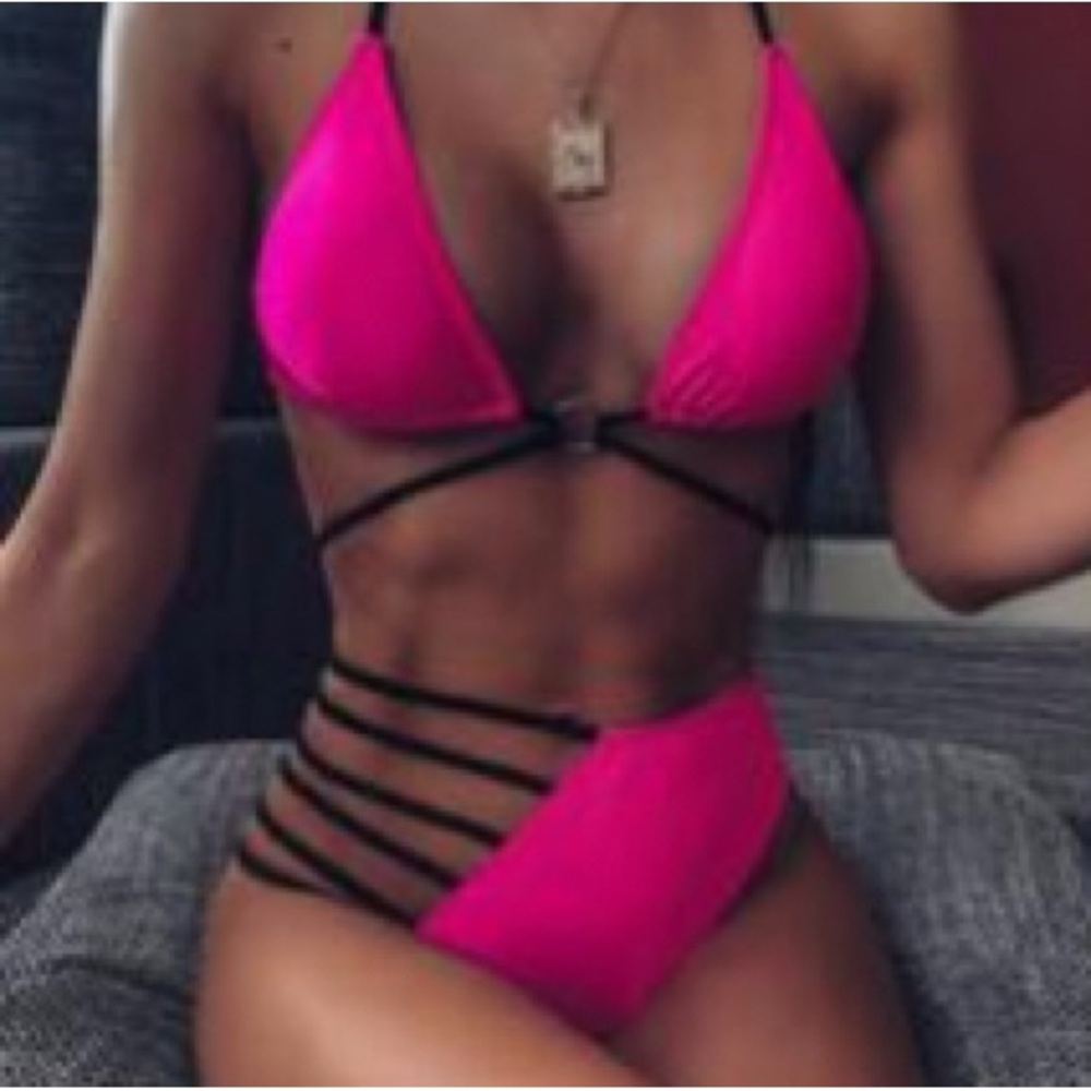 Pink and Black Triangle Highwaist bikini swimsuit